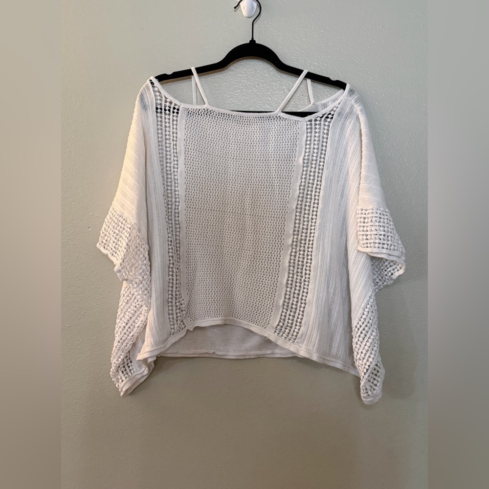Free People White Crochet Knit Poncho Sweater Top M